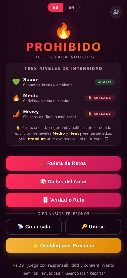 Pantalla de inicio de Prohibido con los tres niveles
